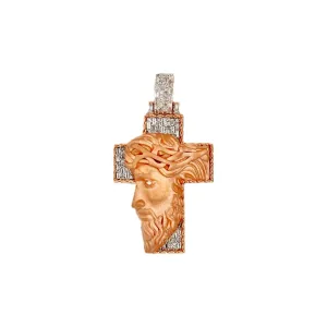 10K Rose Gold Jesus Head Diamond Cross Pendant 0.70 CT 1.93"
