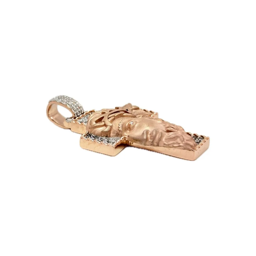 10K Rose Gold Jesus Head Diamond Cross Pendant 0.70 CT 1.93"