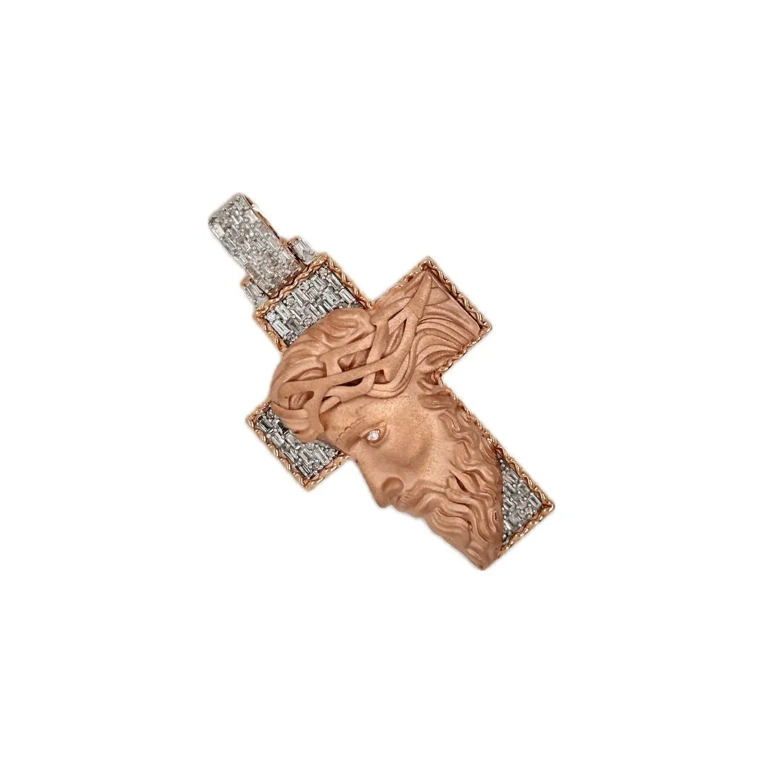 10K Rose Gold Jesus Head Diamond Cross Pendant 0.70 CT 1.93"