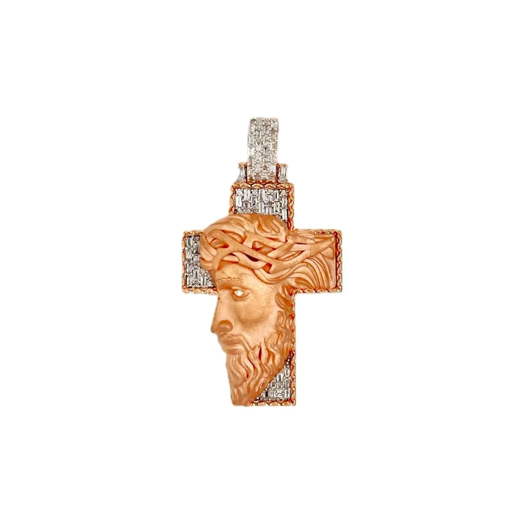 10K Rose Gold Jesus Head Diamond Cross Pendant 0.70 CT 1.93"
