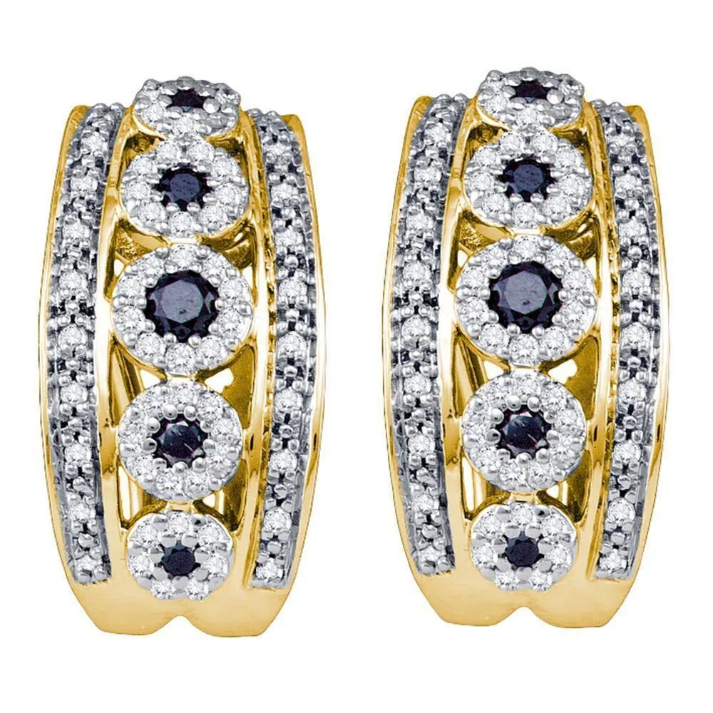 10k Yellow Gold Black Color Enhanced Diamond CocKail Omega-back Luxury Hoop Earrings 3/4 Cttw