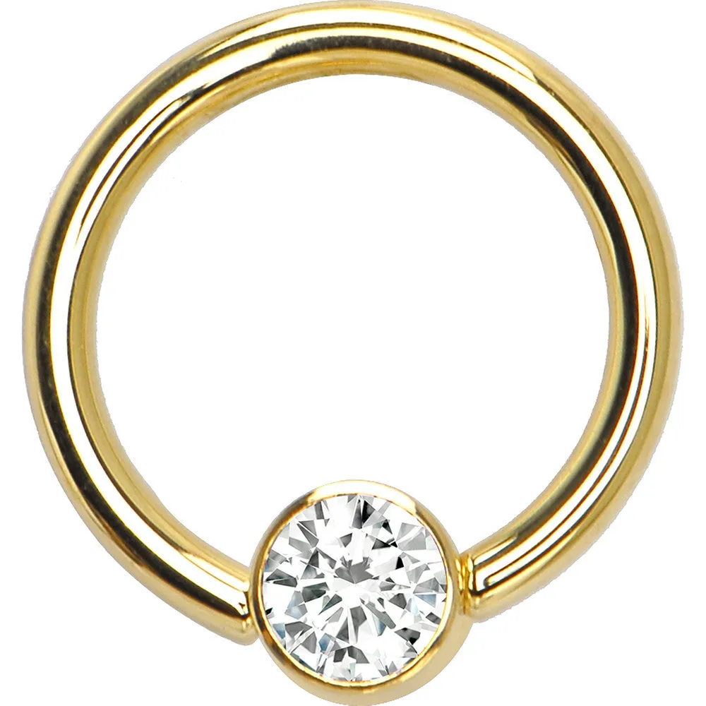 14 Gauge 3/8 Solid 14KT Gold Clear CZ Gem BCR Captive Ring
