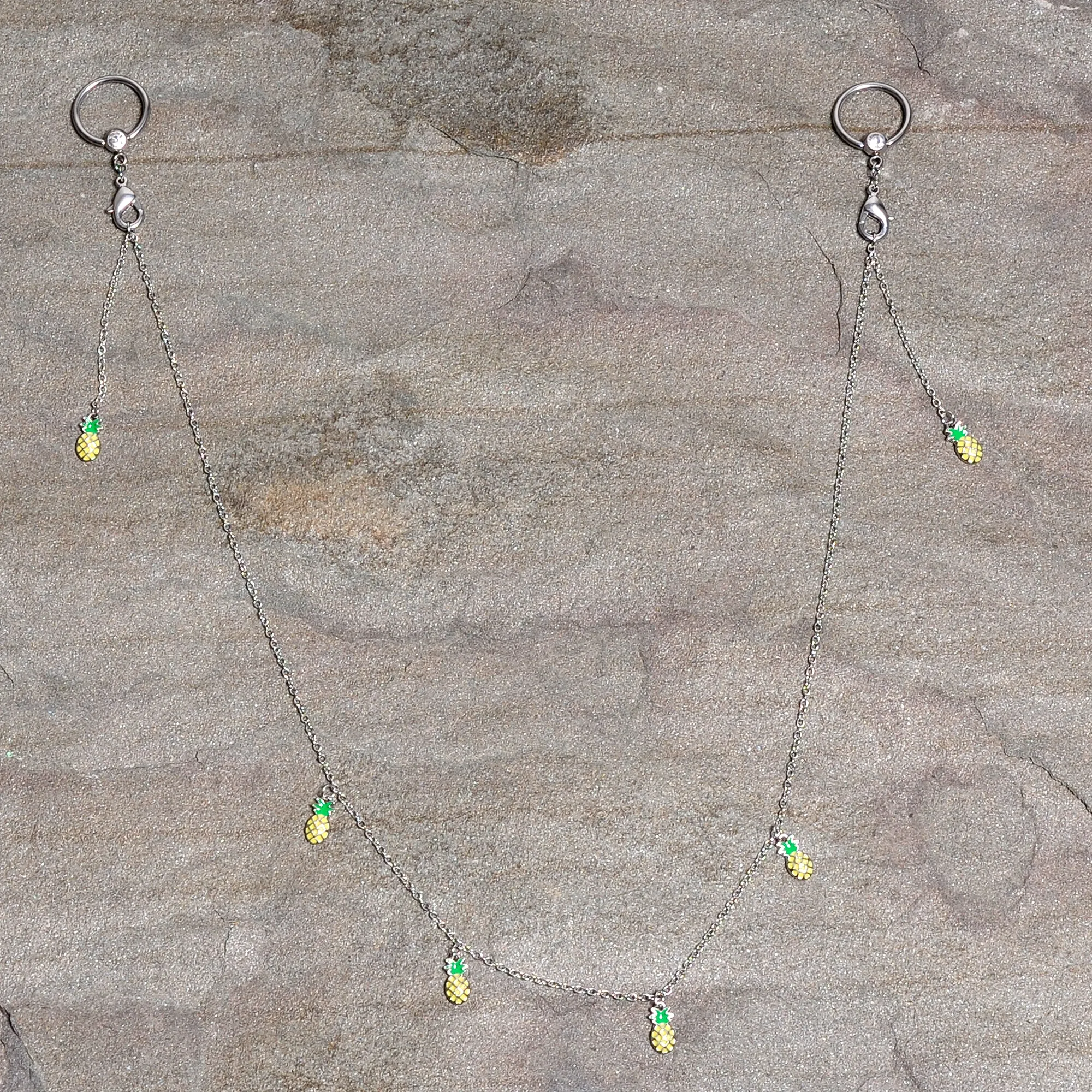 14 Gauge 9/16 Clear Gem Pineapple BCR Captive Ring Dangle Nipple Chain