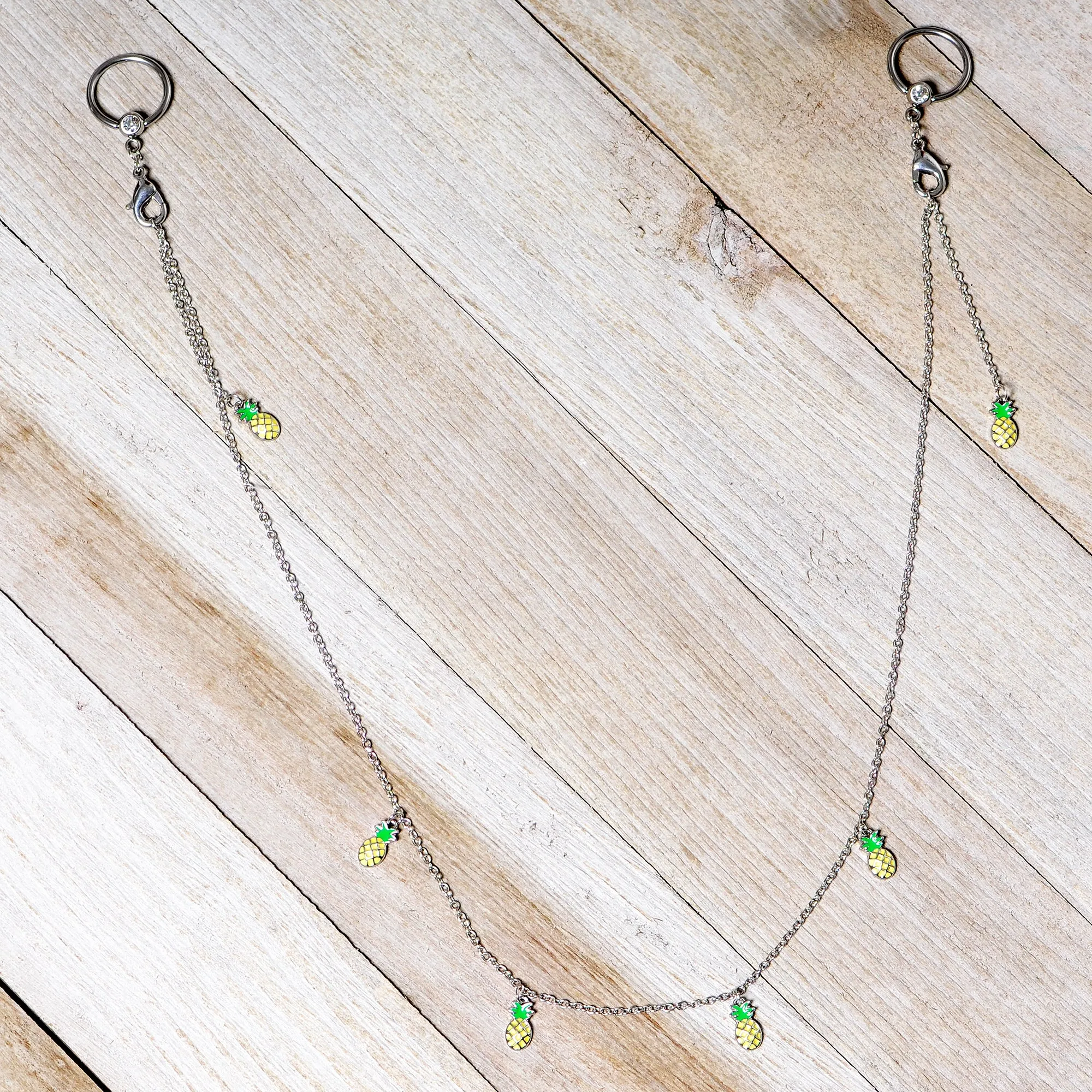 14 Gauge 9/16 Clear Gem Pineapple BCR Captive Ring Dangle Nipple Chain