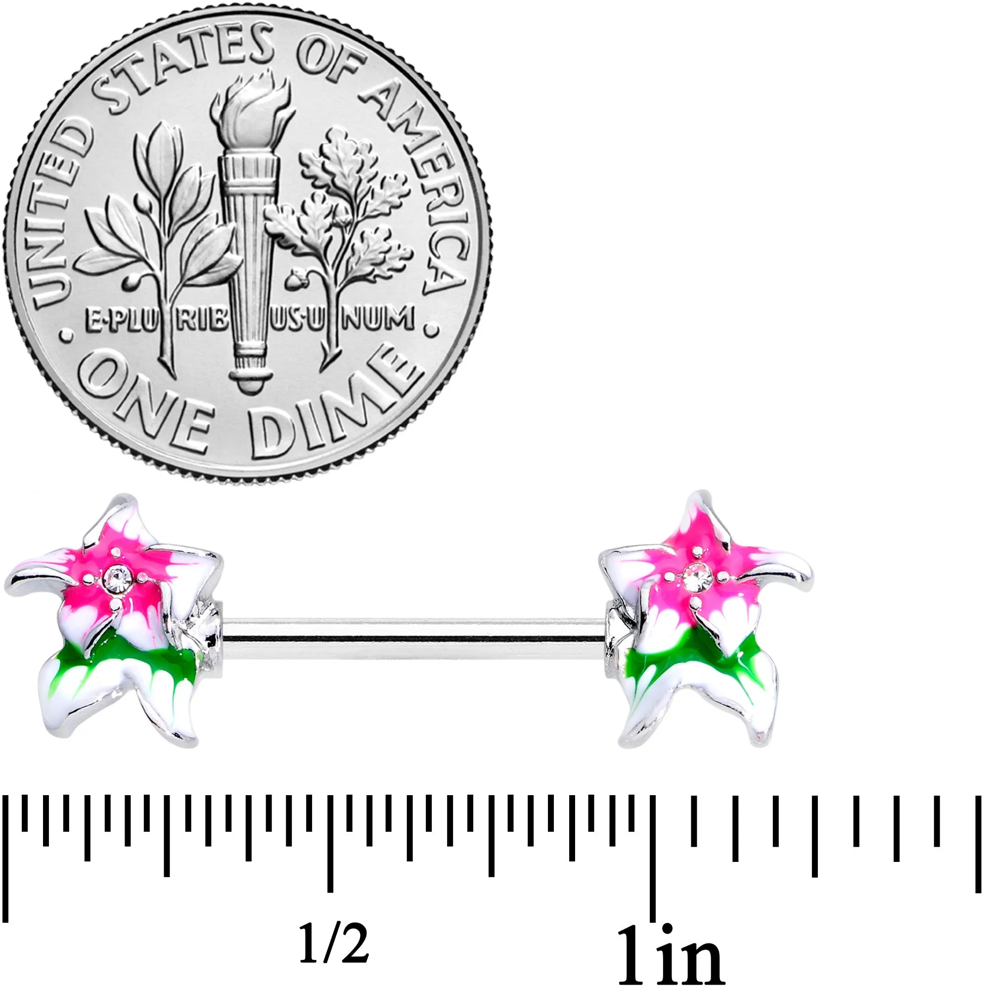 14 Gauge 9/16 Clear Gem Tropical Flower Barbell Nipple Ring Set