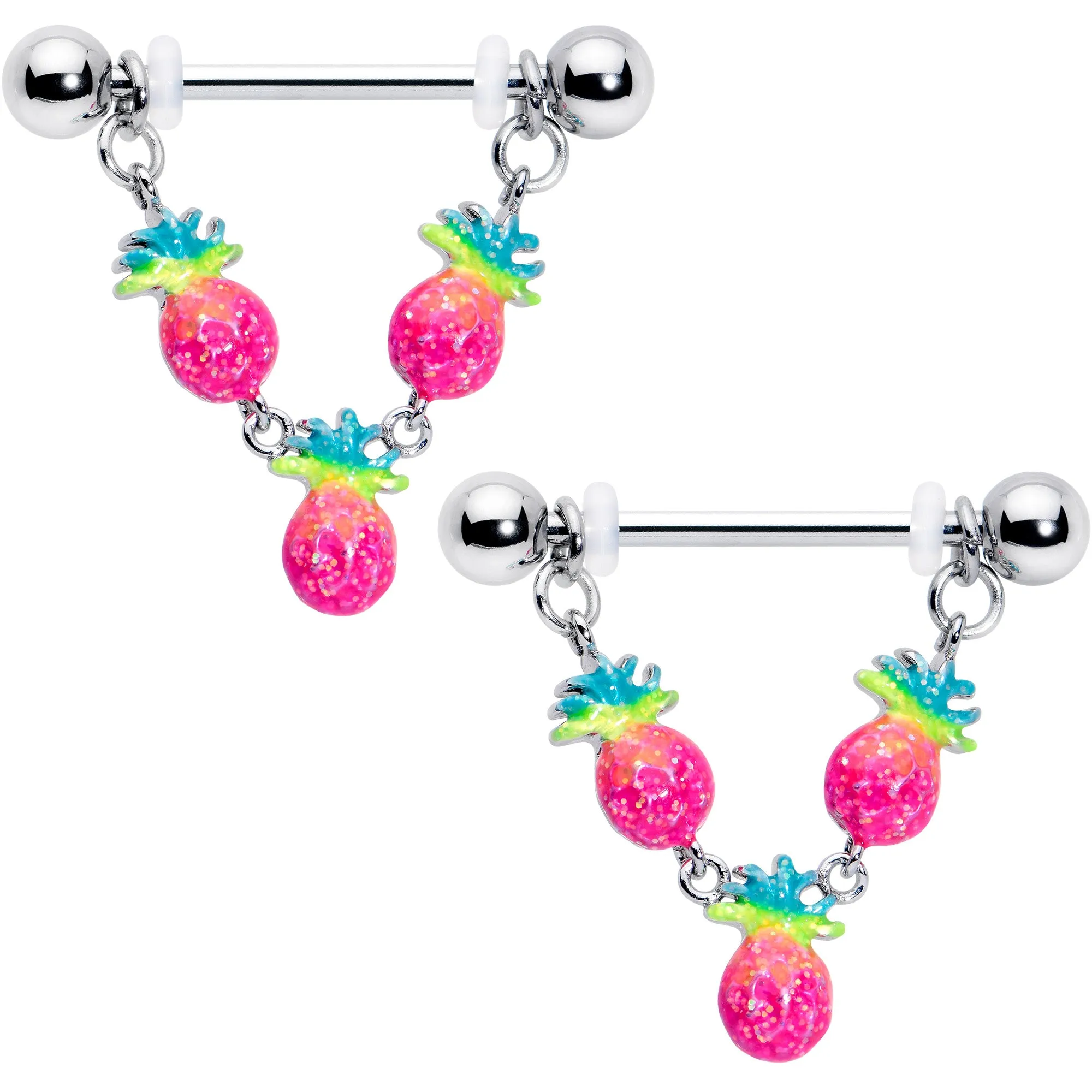 14 Gauge 9/16 Hot Tropical Pineapple Dangle Barbell Nipple Ring Set