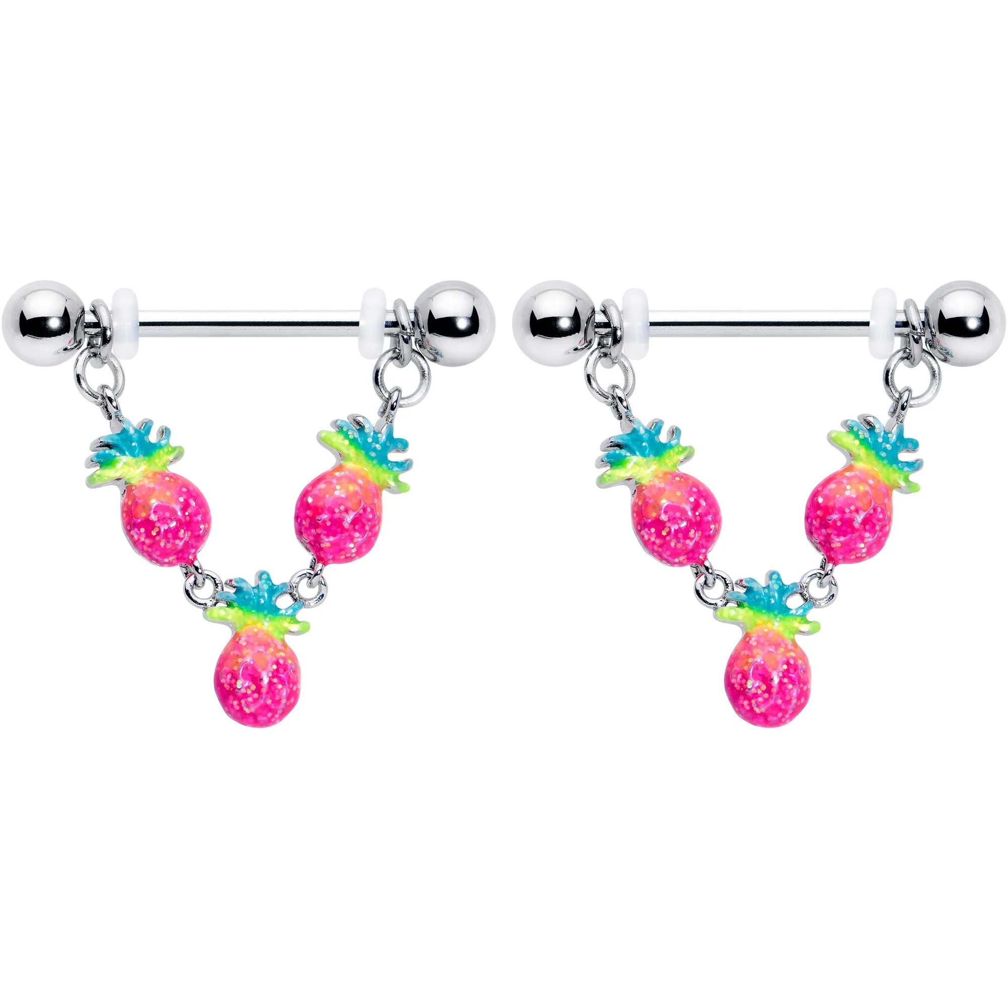 14 Gauge 9/16 Hot Tropical Pineapple Dangle Barbell Nipple Ring Set