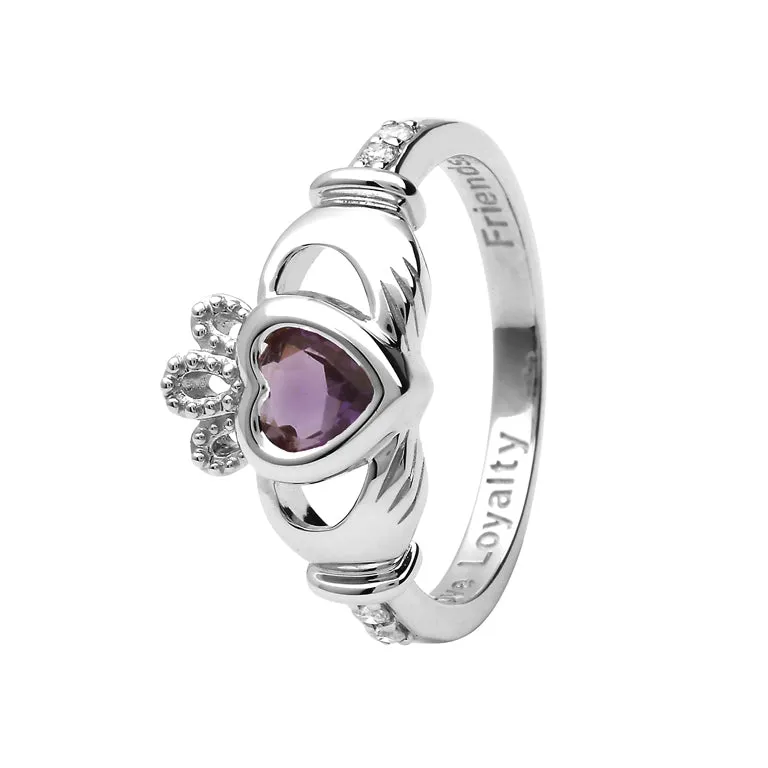 14K Gold Claddagh June Birthstone Ring Genuine Light Amethyst and Diamonds - 14L90LA