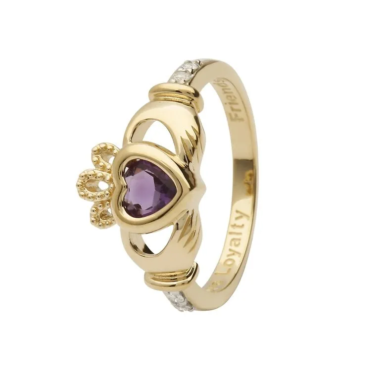 14K Gold Claddagh June Birthstone Ring Genuine Light Amethyst and Diamonds - 14L90LA