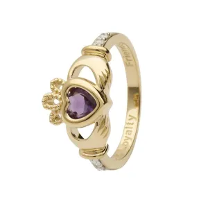 14K Gold Claddagh June Birthstone Ring Genuine Light Amethyst and Diamonds - 14L90LA