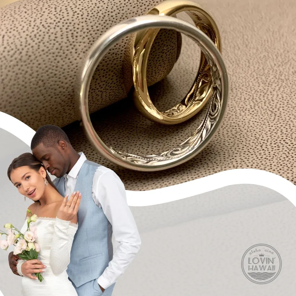14K Gold Hawaii Wedding Ring Set, Hand Engraved Design (4mm & 6mm width)