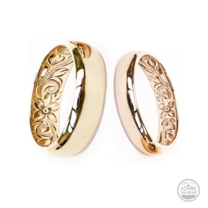 14K Gold Hawaii Wedding Ring Set, Hand Engraved Design (4mm & 6mm width)