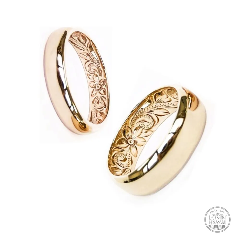 14K Gold Hawaii Wedding Ring Set, Hand Engraved Design (4mm & 6mm width)