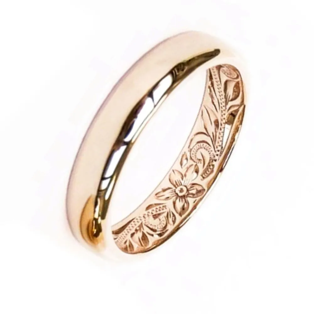14K Gold Hawaii Wedding Ring Set, Hand Engraved Design (4mm & 6mm width)