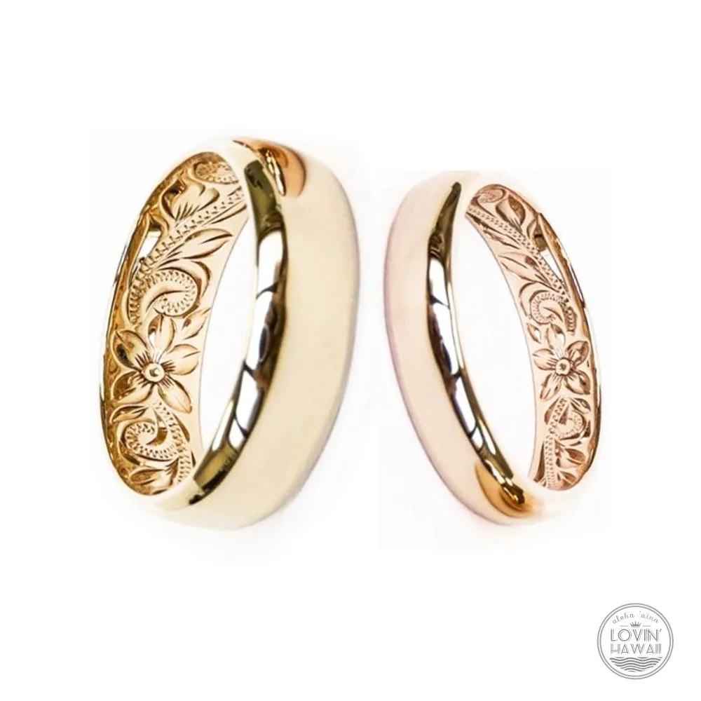 14K Gold Hawaii Wedding Ring Set, Hand Engraved Design (4mm & 6mm width)