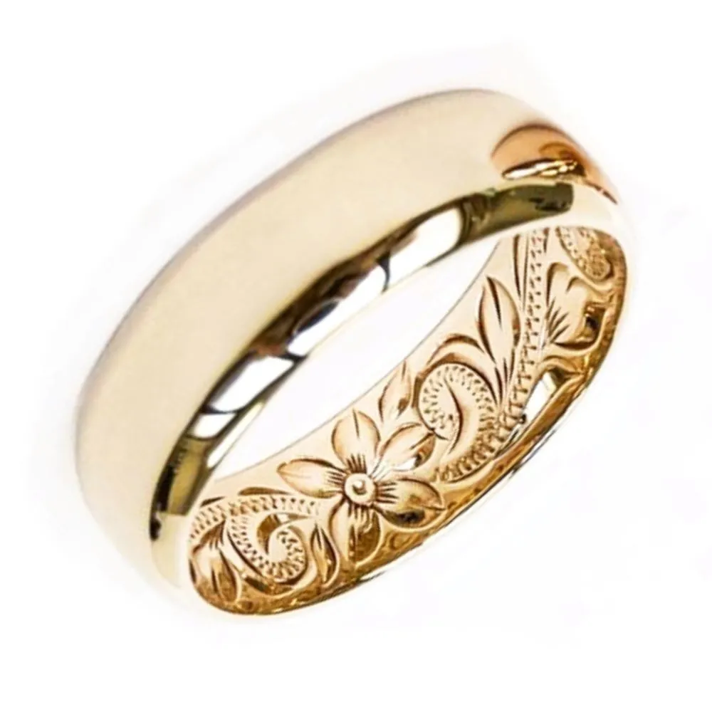 14K Gold Hawaii Wedding Ring Set, Hand Engraved Design (4mm & 6mm width)