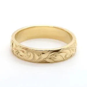 14K Gold Hawaiian Ring with Hand Engraved Plumeria & Maile Leaf ( 4mm Dome Shape)