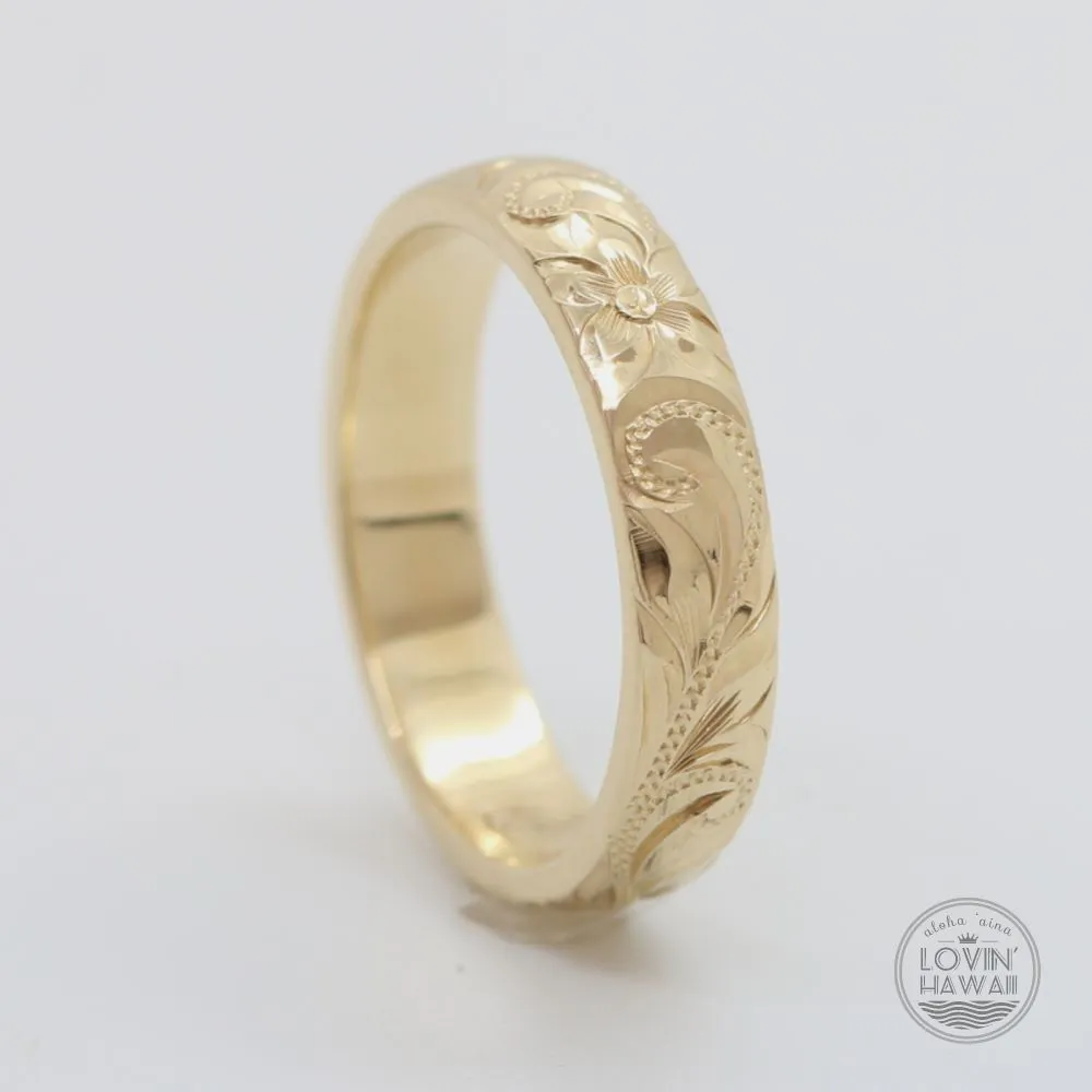 14K Gold Hawaiian Ring with Hand Engraved Plumeria & Maile Leaf ( 4mm Dome Shape)
