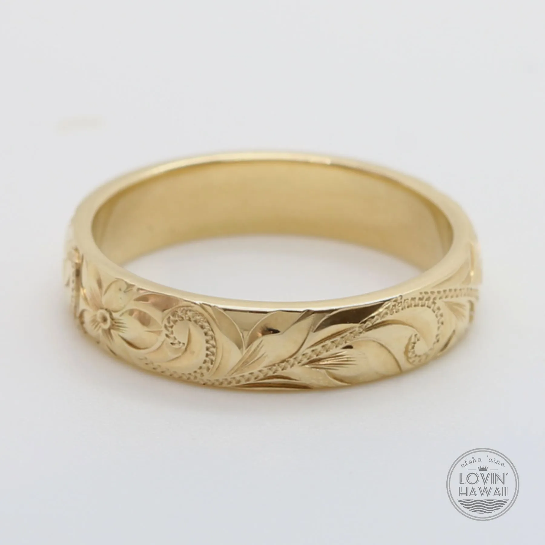 14K Gold Hawaiian Ring with Hand Engraved Plumeria & Maile Leaf ( 4mm Dome Shape)