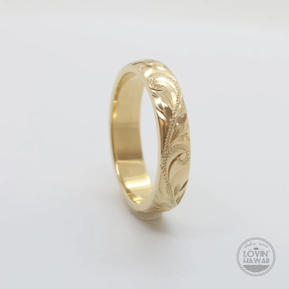 14K Gold Hawaiian Ring with Hand Engraved Plumeria & Maile Leaf ( 4mm Dome Shape)