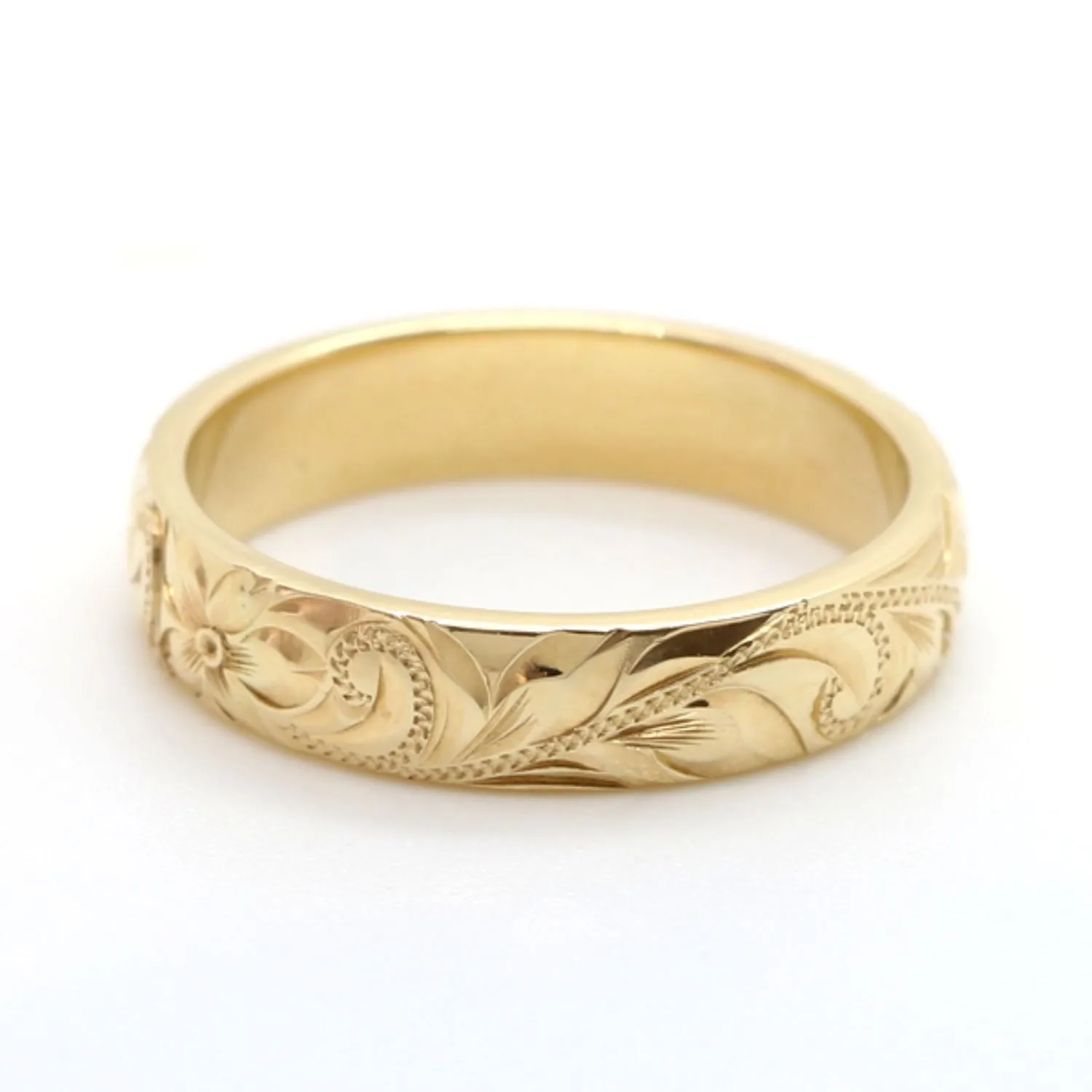 14K Gold Hawaiian Ring with Hand Engraved Plumeria & Maile Leaf ( 4mm Dome Shape)