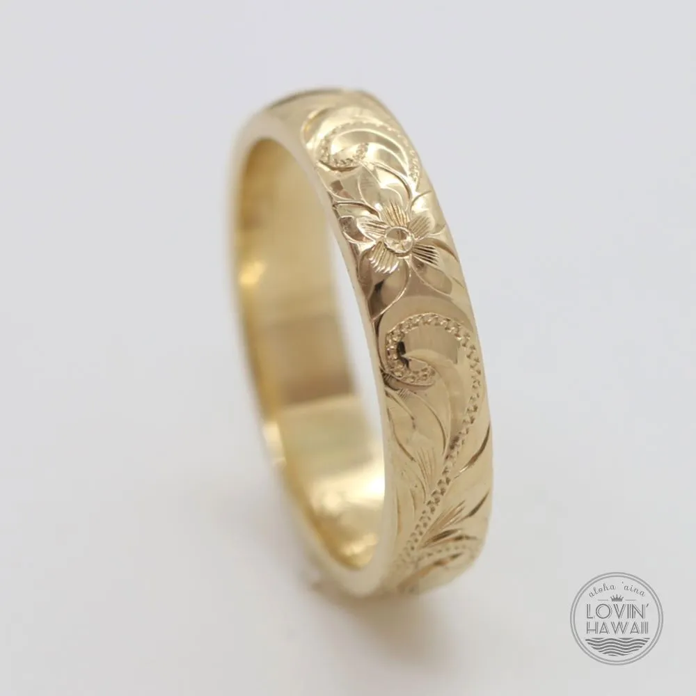 14K Gold Hawaiian Ring with Hand Engraved Plumeria & Maile Leaf ( 4mm Dome Shape)