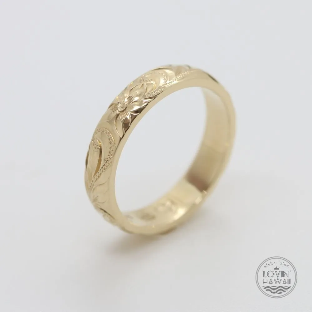 14K Gold Hawaiian Ring with Hand Engraved Plumeria & Maile Leaf ( 4mm Dome Shape)