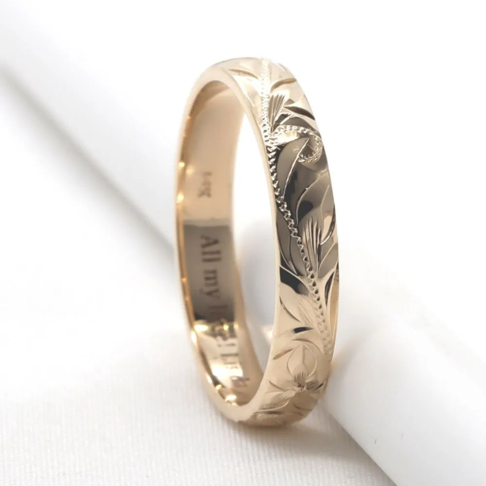14K Gold Wedding Band, Engraved Plumeria & Maile Leaf Design (4mm Dome Style)