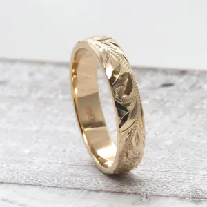 14K Gold Wedding Band, Engraved Plumeria & Maile Leaf Design (4mm Dome Style)