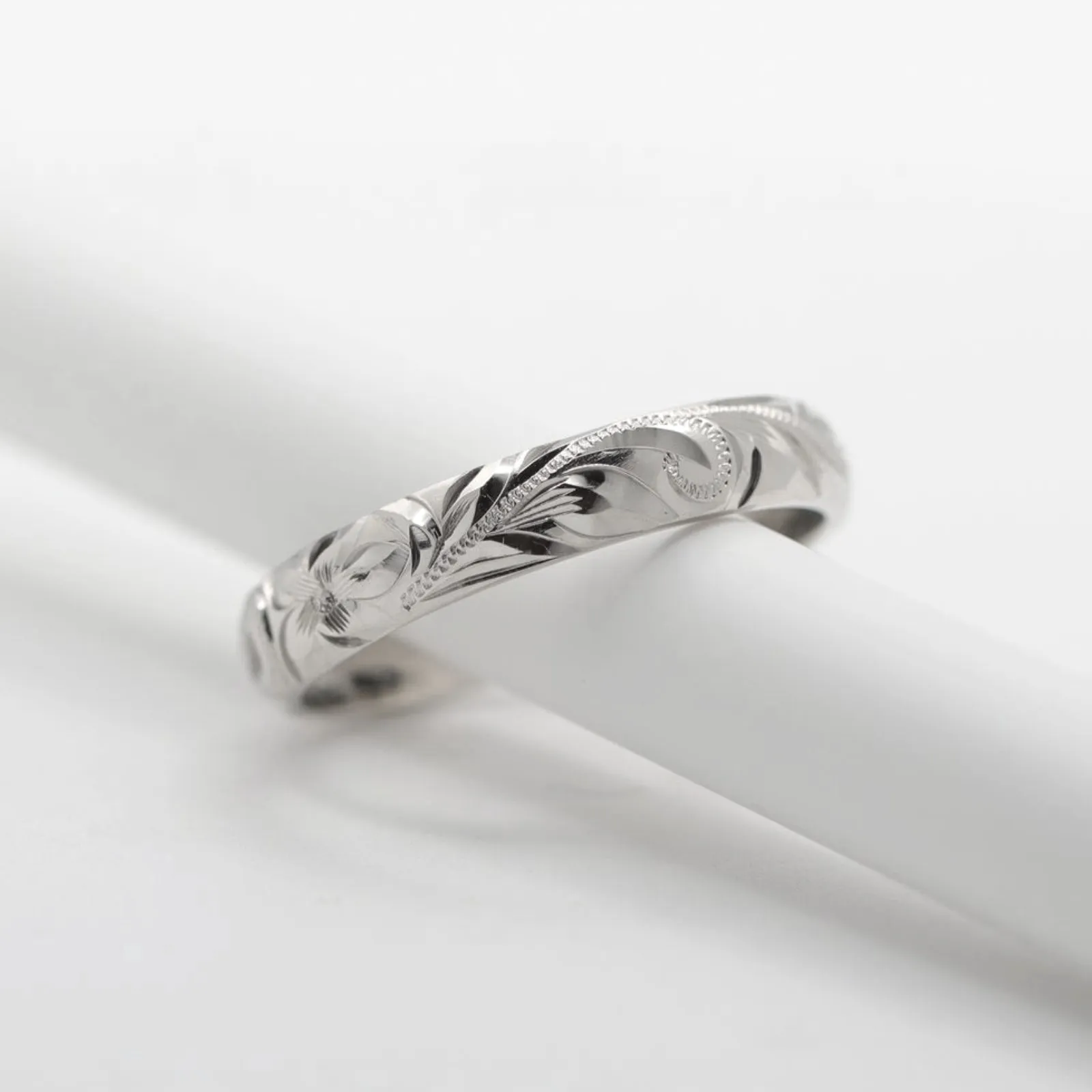 14K Gold Wedding Band, Engraved Plumeria & Maile Leaf Design (4mm Dome Style)