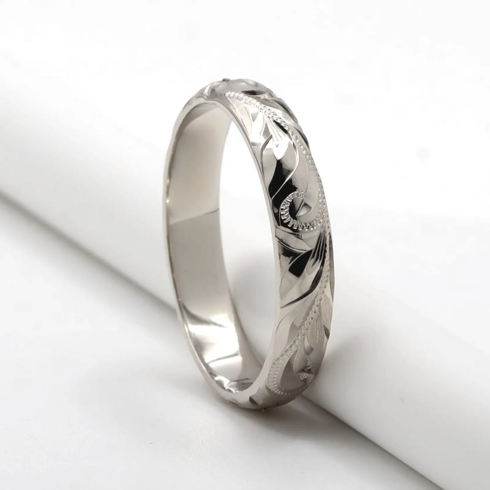 14K Gold Wedding Band, Engraved Plumeria & Maile Leaf Design (4mm Dome Style)