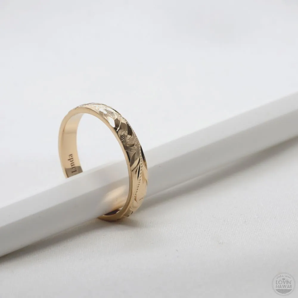 14K Gold Wedding Band, Engraved Plumeria & Maile Leaf Design (4mm Dome Style)