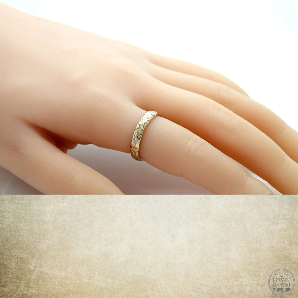14K Gold Wedding Band, Engraved Plumeria & Maile Leaf Design (4mm Dome Style)