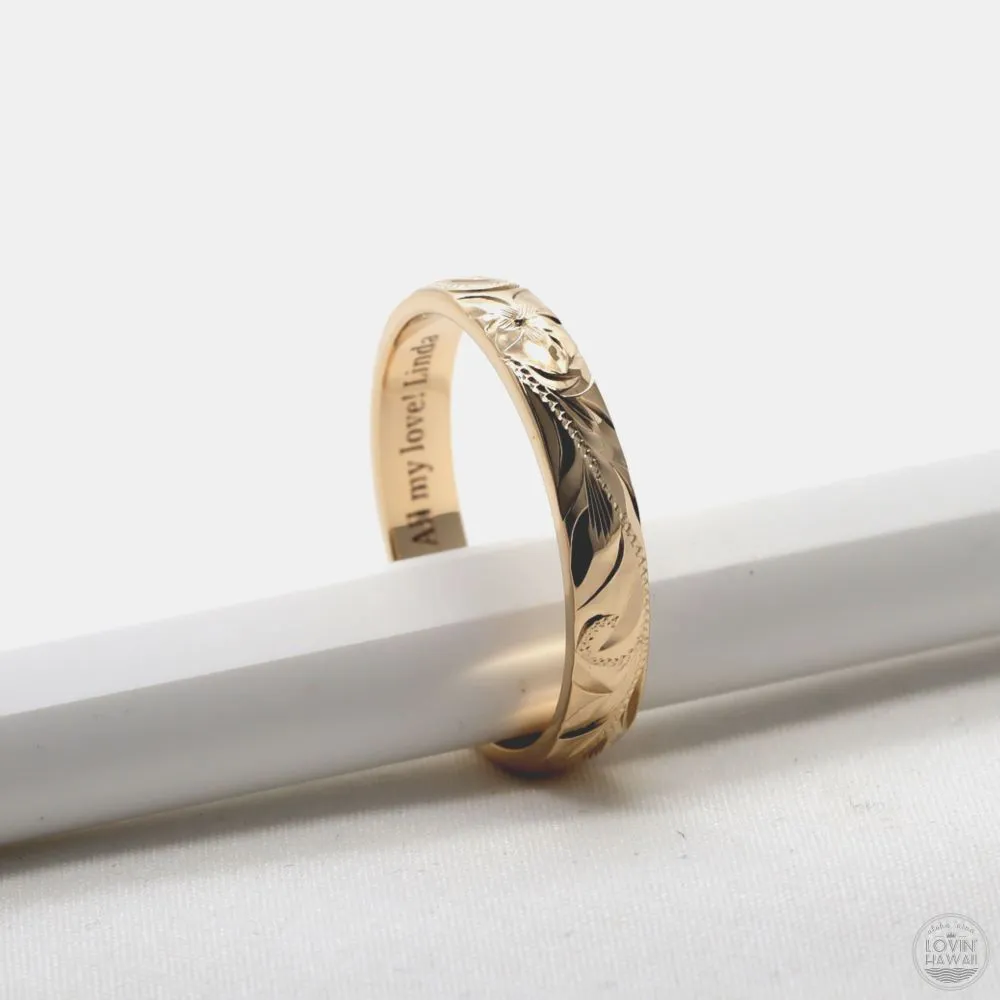 14K Gold Wedding Band, Engraved Plumeria & Maile Leaf Design (4mm Dome Style)