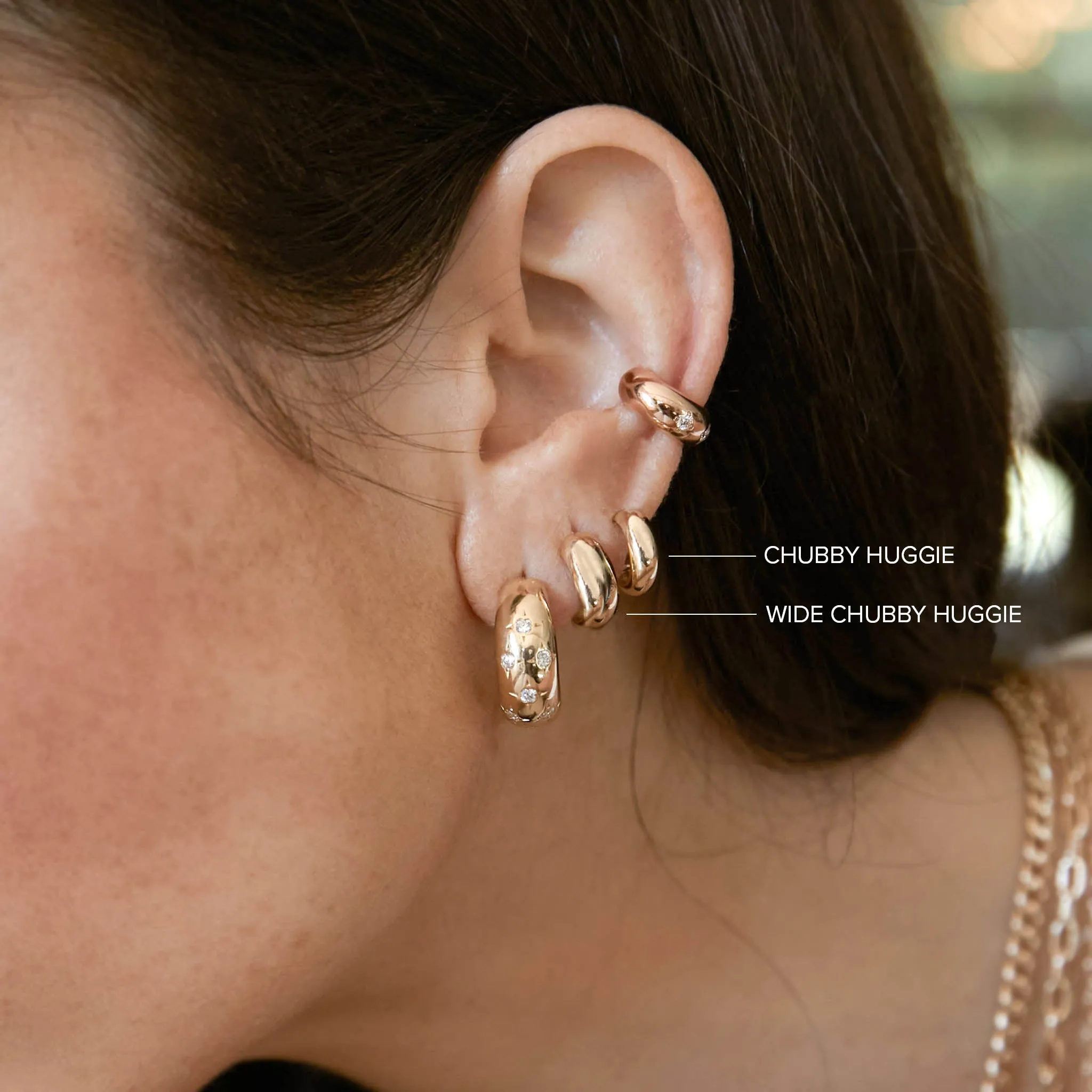 14k Marquise Diamond Wide Chubby Huggie Hoops