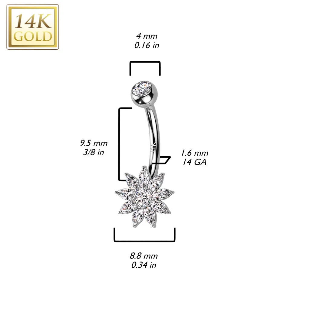 14K Solid Gold CZ Flower Navel Belly Button Ring