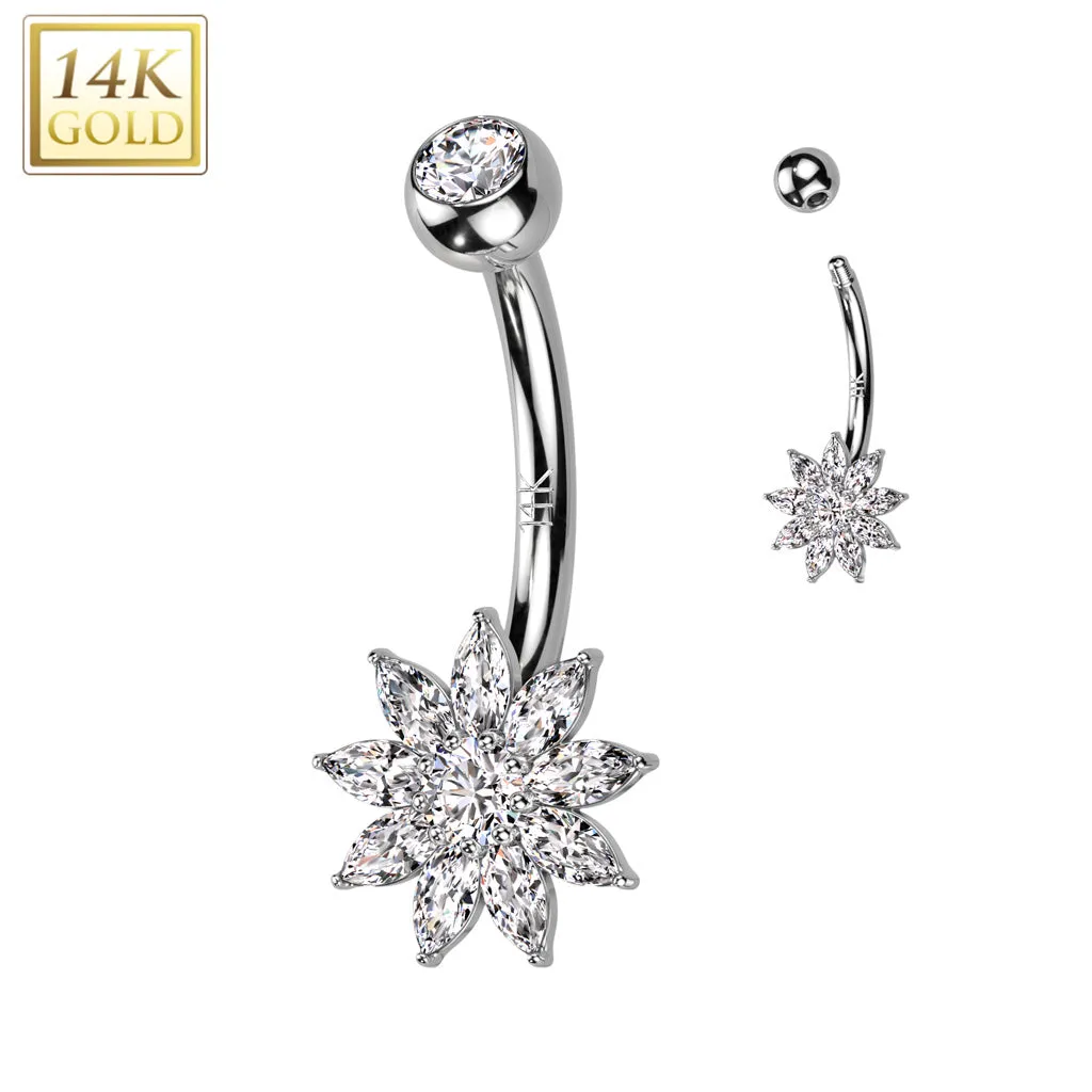 14K Solid Gold CZ Flower Navel Belly Button Ring