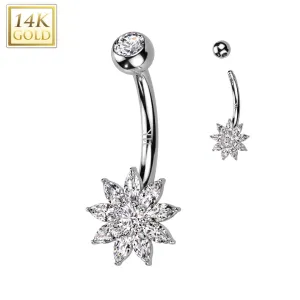 14K Solid Gold CZ Flower Navel Belly Button Ring