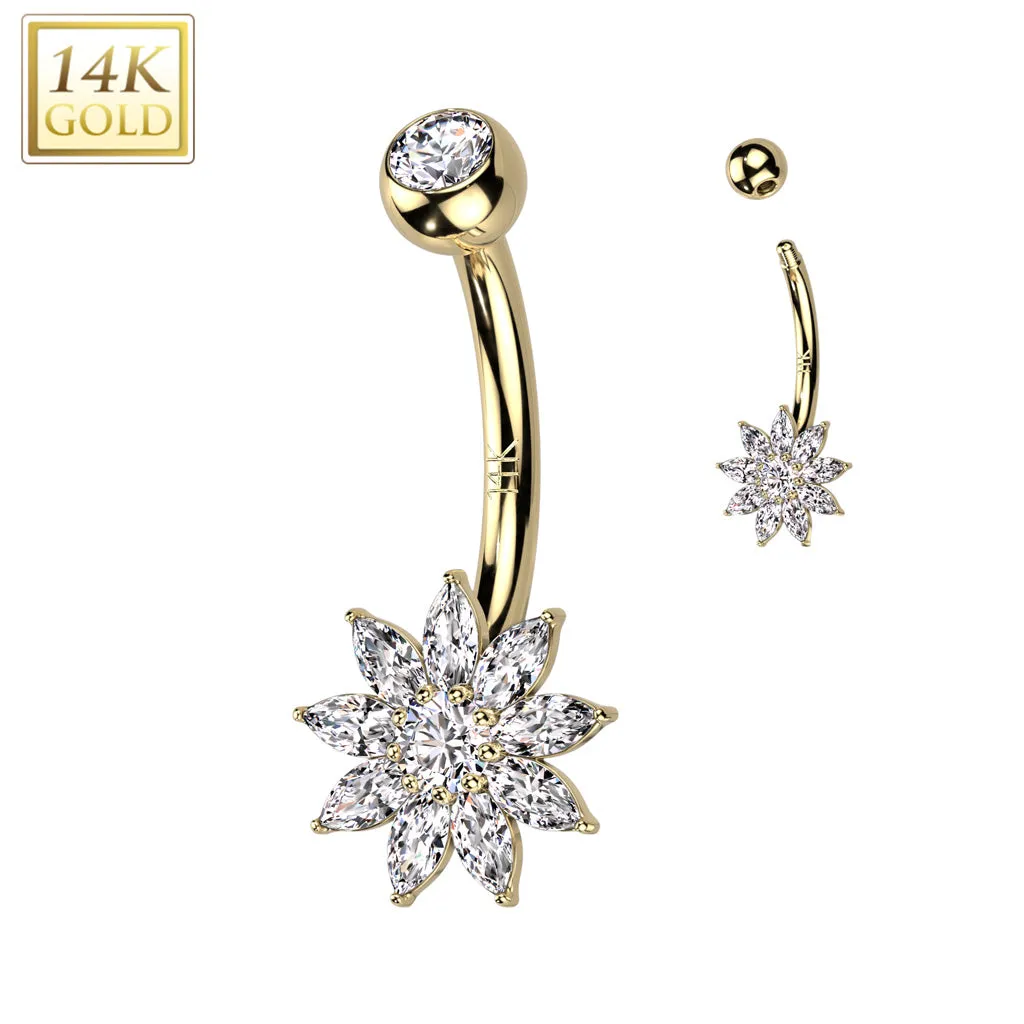 14K Solid Gold CZ Flower Navel Belly Button Ring