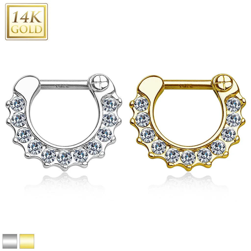 14K Solid Gold CZ Nose Ring Septum Clicker Daith