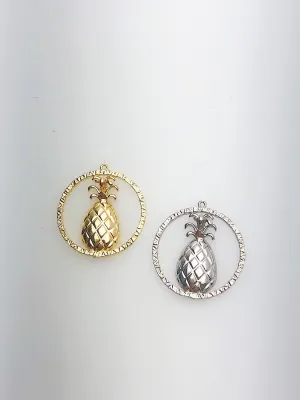 14K Solid Gold Pineapple Circle Charm w/ Ring, 17.0mm, Made in USA (L-95)