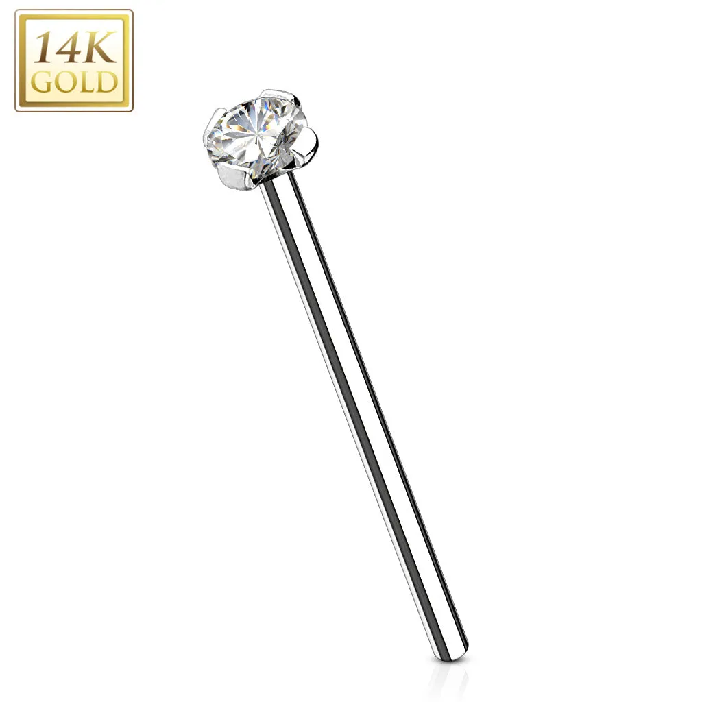 14K Solid Gold Prong CZ Fishtail Nose Pin Rings Stud 16mm