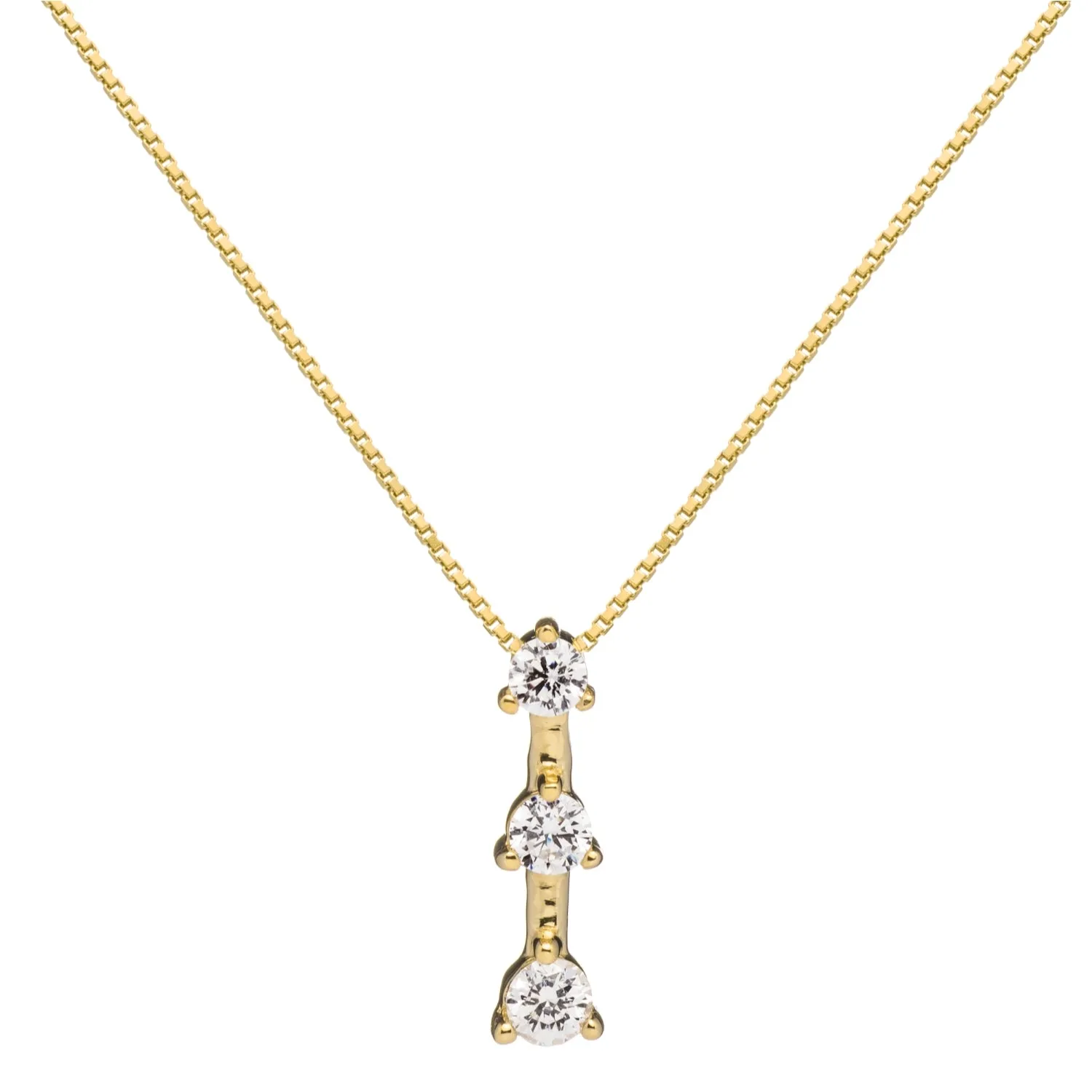 14K Solid Yellow Gold Pendant Necklace | Round Cut Cubic Zirconia 3-Stone "Trilogy" | .22 CTW, Diamond Equivalent | 18 Inch Box Link Chain