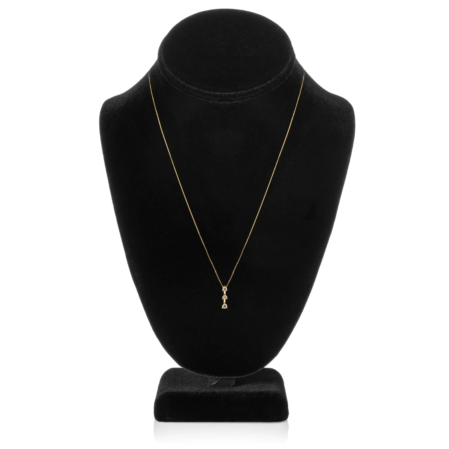 14K Solid Yellow Gold Pendant Necklace | Round Cut Cubic Zirconia 3-Stone "Trilogy" | .22 CTW, Diamond Equivalent | 18 Inch Box Link Chain
