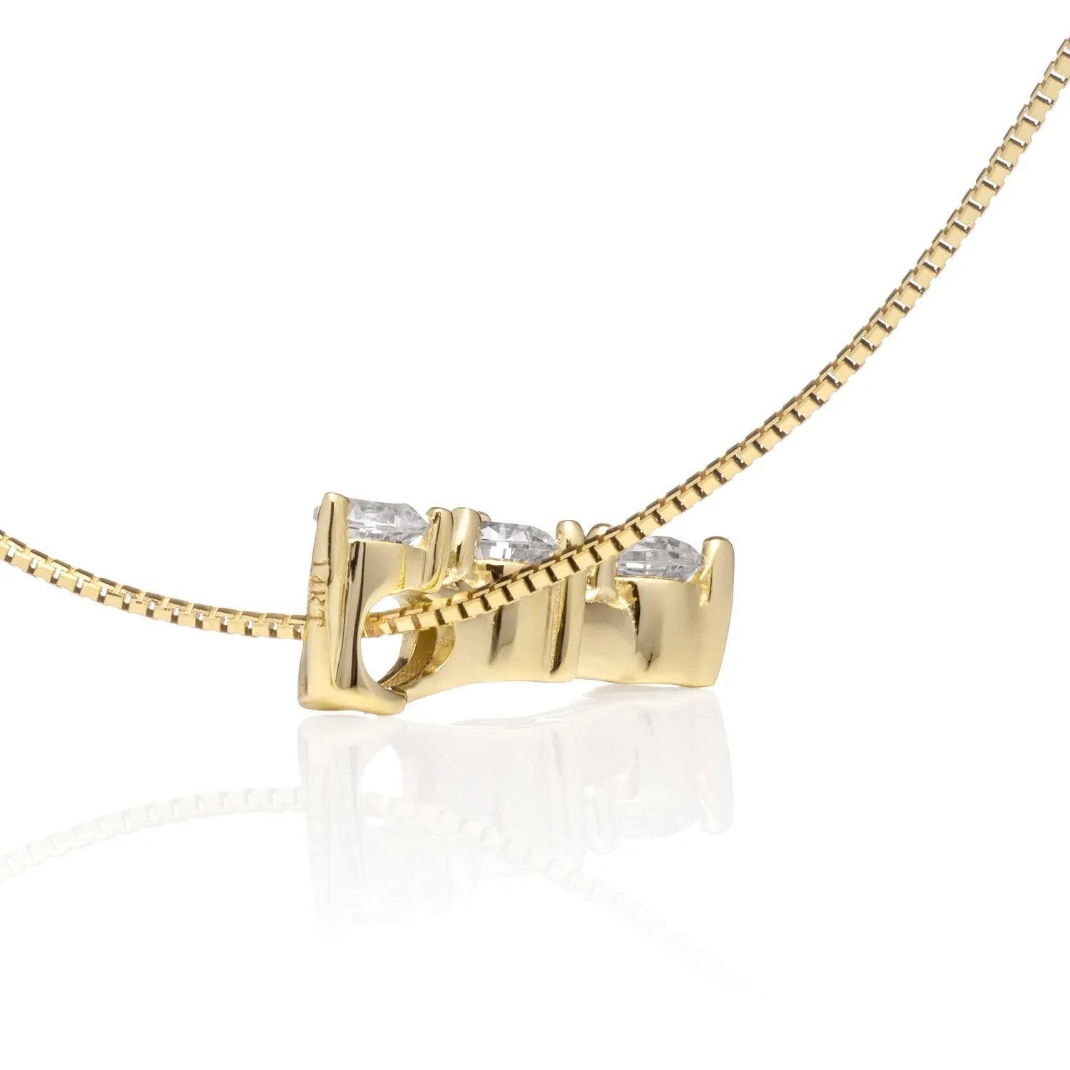 14K Solid Yellow Gold Pendant Necklace | Round Cut Cubic Zirconia 3-Stone "Trilogy" | .22 CTW, Diamond Equivalent | 18 Inch Box Link Chain