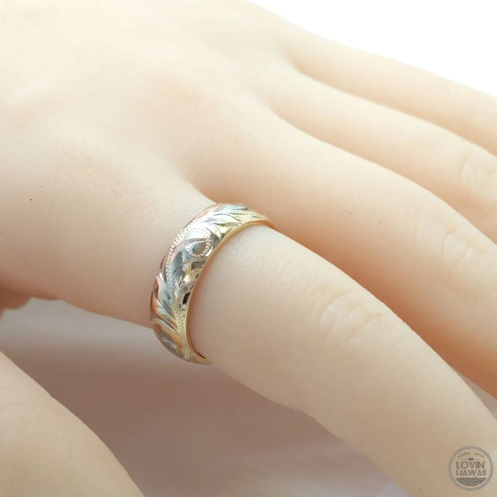 14K Three Tones Gold Hawaiian Rings, Engraved with Hawaiian Heritage Design (6mm Width, Dome Style)