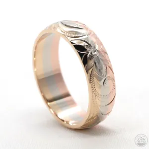 14K Three Tones Gold Hawaiian Rings, Engraved with Hawaiian Heritage Design (6mm Width, Dome Style)