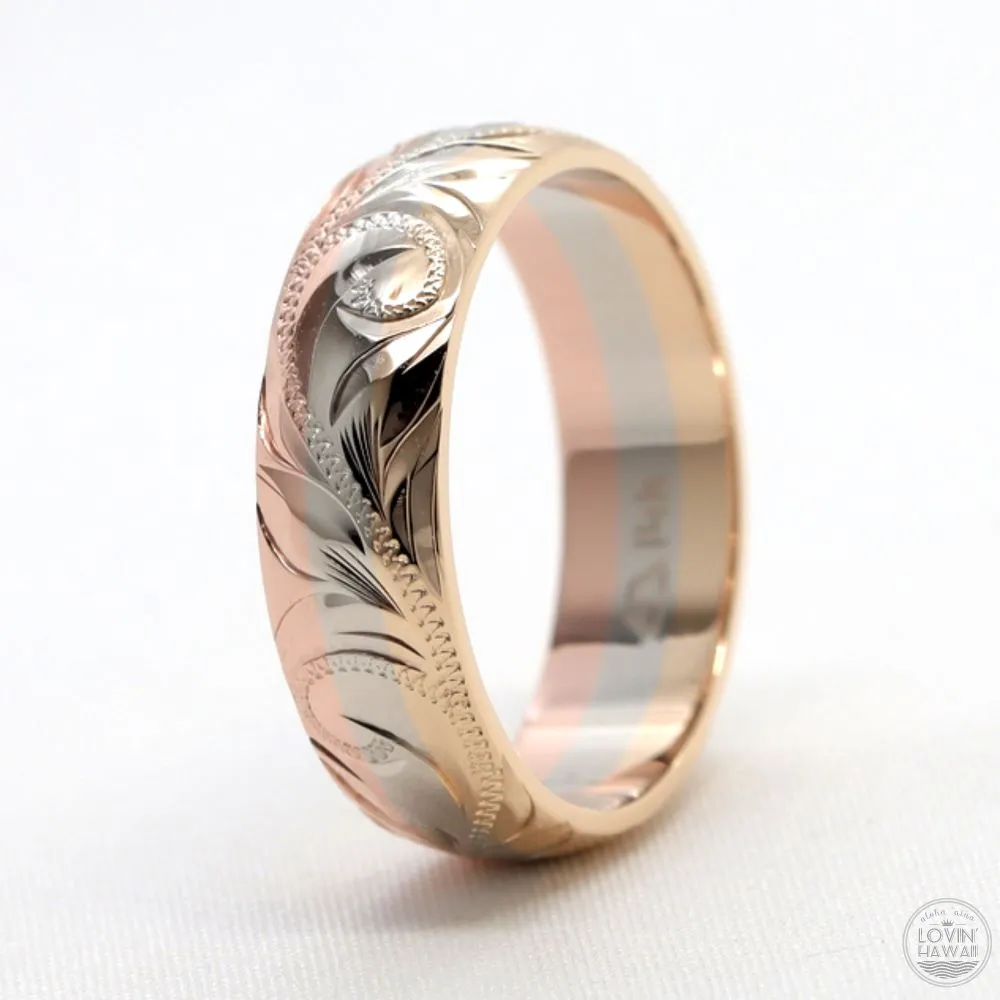 14K Three Tones Gold Hawaiian Rings, Engraved with Hawaiian Heritage Design (6mm Width, Dome Style)