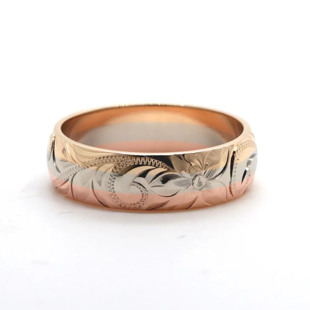 14K Three Tones Gold Hawaiian Rings, Engraved with Hawaiian Heritage Design (6mm Width, Dome Style)