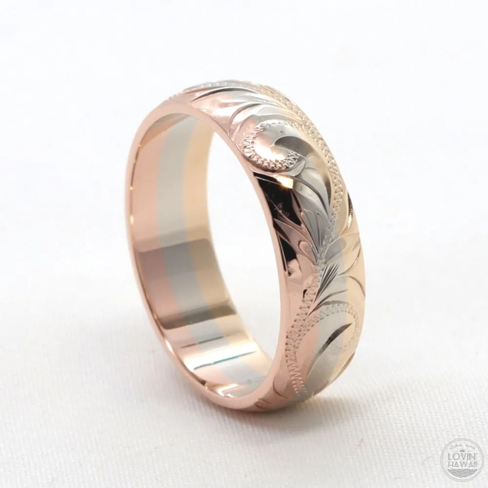 14K Three Tones Gold Hawaiian Rings, Engraved with Hawaiian Heritage Design (6mm Width, Dome Style)